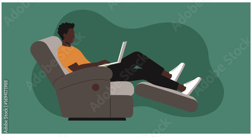 Relaxed person in a recliner chair using a laptop, embodying comfort, remote work, and modern lifestyle at home.