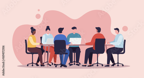 Diverse professionals collaborate in a modern office meeting, actively working on laptops. Represents teamwork, innovation, and strategic planning.