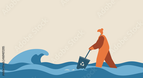 Person in water with recycling bin, actively cleaning the ocean. Represents environmental protection, sustainability, and global efforts against pollution.