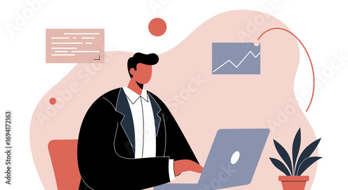 Professional man working diligently on a laptop, analyzing business data and graphs in a modern office environment. Represents productivity and financial growth.