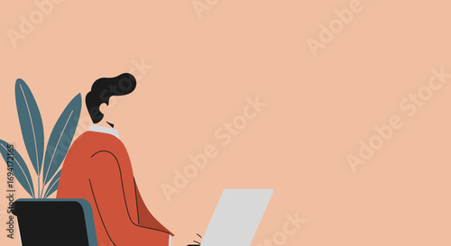 Minimalist illustration of a person working diligently on a laptop from a home office or remote workspace. Ideal for modern business, technology, and lifestyle concepts.