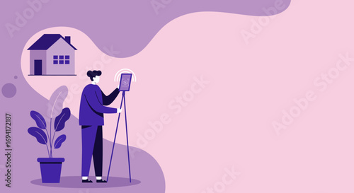 Person using a tablet on a tripod to wirelessly control a smart home system, representing modern living and digital convenience.