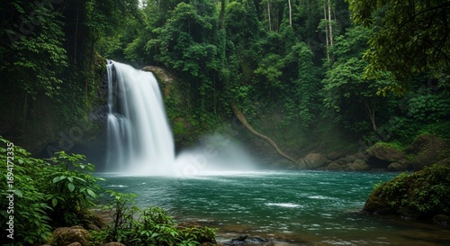 Majestic Waterfall Plunging into Emerald Pool Surrounded by Lush Rainforest Canopy