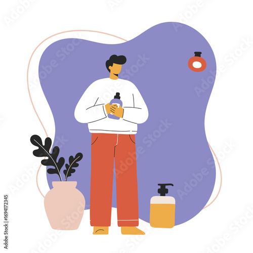Man holding a personal care product, engaging in a daily self-care routine at home. Represents hygiene, grooming, and well-being.