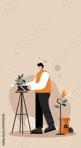 Man in an orange vest caring for indoor plants, symbolizing growth, hobby, and a green lifestyle. Perfect for wellness, sustainability, and home decor themes.