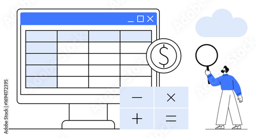 Spreadsheet open on computer, dollar symbol, calculator, individual holding magnifier. Ideal for finance, data analysis, technology, problem-solving, education productivity simple landing page