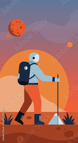 Solo explorer traverses an alien red planet, equipped with a backpack and tool, under a vast cosmic sky. Embodies space adventure and future discovery.