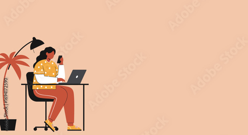 Woman working remotely on laptop and phone at a home office desk. Illustrates productivity, freelance, and digital lifestyle.