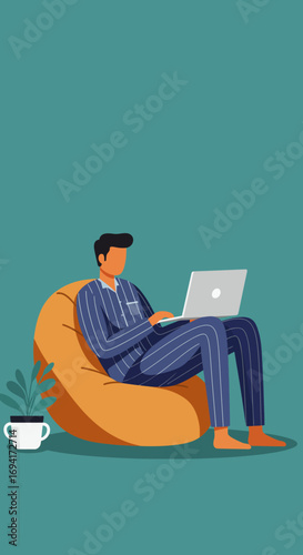 Person in pajamas comfortably working from home on a laptop, sitting on a bean bag chair. Represents remote work, casual lifestyle, and comfort.