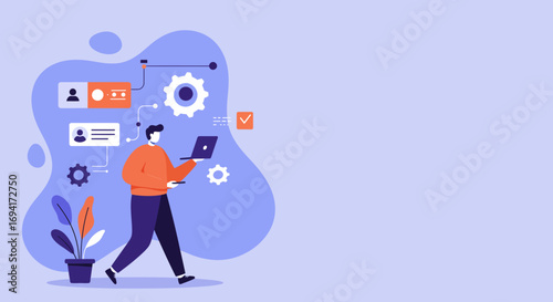 Man efficiently manages digital workflow with laptop, surrounded by system settings and data. Illustrates business process, technology, and productivity solutions.