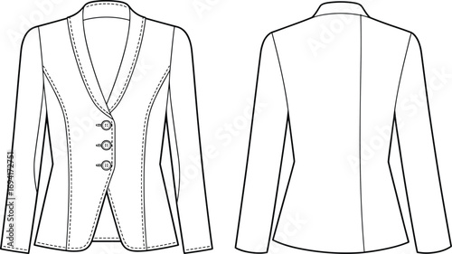 Tailored blazer flat sketch, front and back view, fashion design template, princess seams, button closure, garment construction, apparel illustration