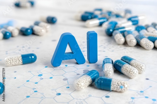 AI letters with medical capsules and molecular network healthcare innovation pharmaceutical technology concept artificial intelligence in medicine illustration