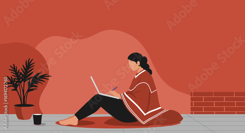 Woman working comfortably on a laptop at home, embodying remote work and modern productivity in a relaxed setting.
