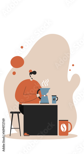 Person enjoying a cozy coffee ritual, brewing fresh coffee with a moka pot. Ideal for home, relaxation, morning routine, or cafe themes.