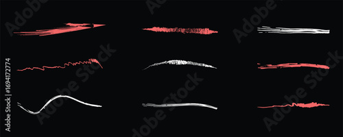 Underline stroke chalk scribbles doodle line collection on chalkboard. Hand drawn outline sketch wave brush mark elements crosshatch rough dividers set for text highlight underline emphasis. EPS 10.
