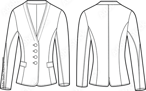 Tailored blazer flat sketch, front and back view, fashion design template, notched lapel, flap pockets, button closure, garment construction, illustration