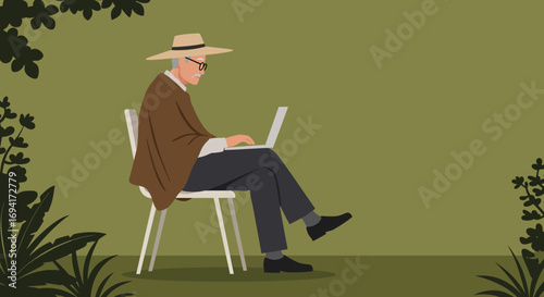 Mature man in a hat and poncho uses a laptop outdoors, representing senior digital literacy, remote work, and a connected lifestyle.