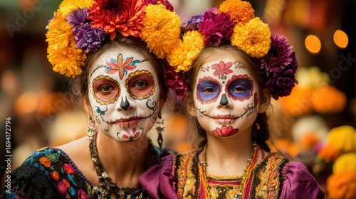 Photo of a mother and daughter in La Catrina makeup with marigold crowns. A family portrait symbolizing remembrance and cultural heritage during Dia de los Muertos