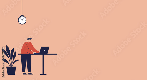Productive person working remotely on a laptop at a standing desk, managing tasks and time in a modern home office setting. Ideal for business, freelance, or remote work concepts.