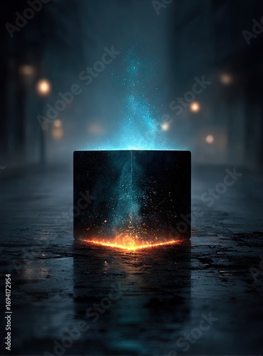 Dark cube glowing with ethereal light