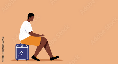 Person working remotely on laptop while sitting on luggage, symbolizing digital nomadism, travel, business on the go, or scientific work from anywhere.