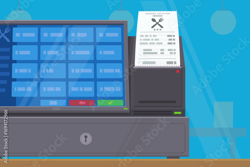Addition of a restaurant exiting a cash register with a flat screen in flat design style