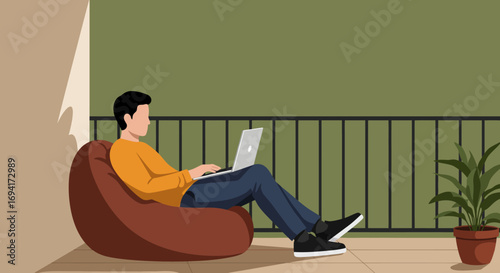 Man comfortably working on laptop from a balcony, enjoying remote work and a flexible lifestyle. Ideal for business, productivity, or digital nomad concepts.