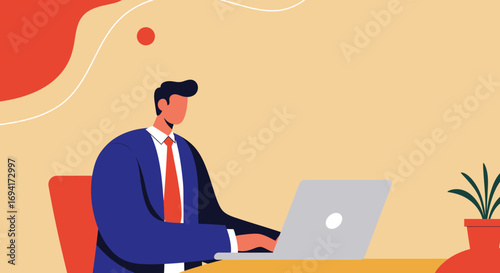 A professional businessman works diligently on his laptop at a modern office desk. Ideal for concepts of productivity, remote work, online learning, and corporate success.