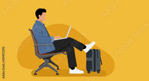 Man working on laptop with luggage, symbolizing productive remote work while traveling or waiting in an airport lounge. Ideal for travel, business, and lifestyle themes.