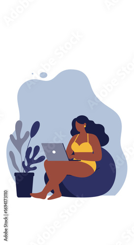 Woman in swimsuit working on a laptop from a comfortable bean bag chair, depicting remote work, digital nomad life, or vacation productivity.