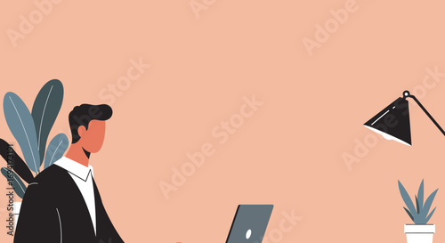 Professional man working remotely on a laptop in a modern minimalist home office. Ideal for business, freelance, and technology concepts.