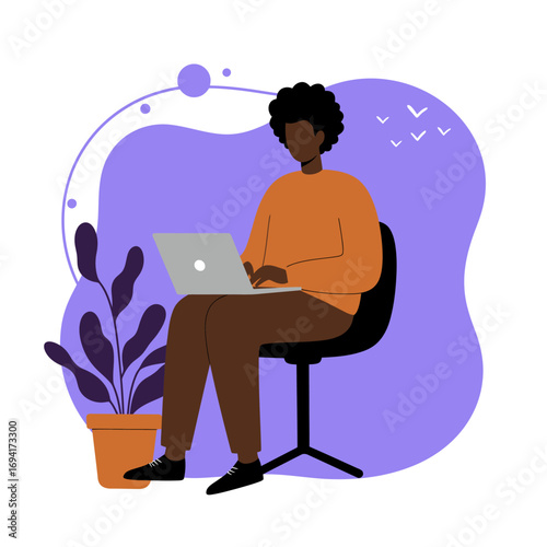 Focused Black person working remotely on a laptop, embodying productivity and modern work-life balance in a comfortable, illustrative setting. Ideal for business, education, or freelance concepts.