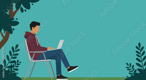 Man working remotely on a laptop outdoors under a tree. Focuses on flexible work, productivity, and digital lifestyle in a serene natural environment.