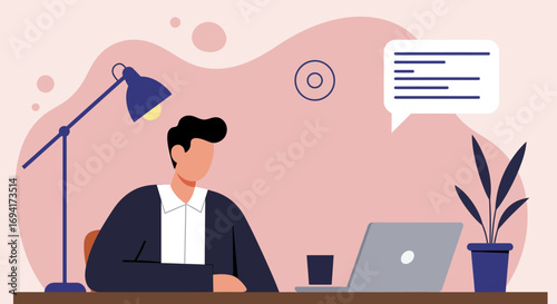 Focused man working remotely on his laptop at a modern desk, surrounded by office essentials. Ideal for business, technology, and productivity themes.