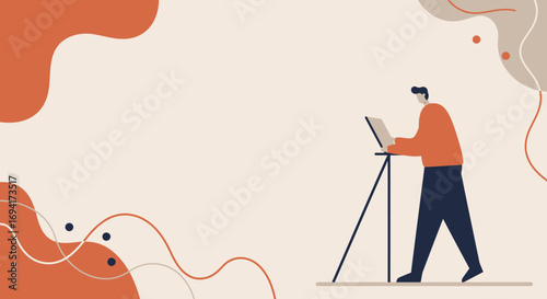 Focused man working on laptop mounted on a stand, ideal for remote work, creative professionals, or digital nomad lifestyle concepts. Modern illustration for technology and business.