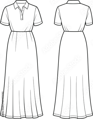 Women polo collar maxi dress flat sketch, front and back technical drawing, short sleeve dress template, fashion garment vector illustration design