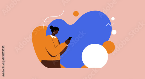 African American woman engaging with her smartphone on a vibrant abstract background. Represents digital communication, social media, and technology usage in modern life.