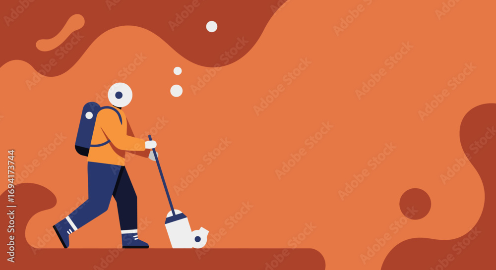 Fototapeta premium Stylized explorer with a backpack and walking stick journeys across an abstract, wavy landscape. Represents adventure, discovery, and forward movement.