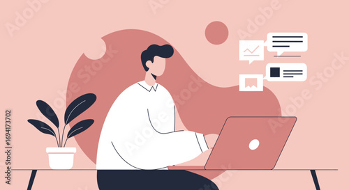 Professional man works on laptop, managing tasks and digital communication online from a modern workspace. Concept of remote work, business productivity, and digital solutions.