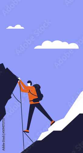 A determined climber ascends a rugged mountain peak under a clear blue sky, symbolizing ambition, achievement, and overcoming challenges. Ideal for adventure, business, or lifestyle content.