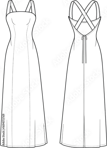 Women sleeveless maxi dress flat sketch, front and back fashion technical drawing, cross back strap dress template, vector garment illustration design