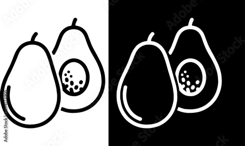 Simple black and white line art icon depicting a whole avocado and an avocado cut in half, revealing its pit. This vector illustration is perfect for healthy food concepts, cooking recipes, nutrition 