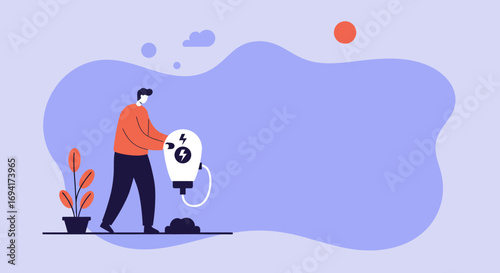 A man connects a stylized energy bulb to the ground, symbolizing innovation, sustainable power, and new ideas for a greener future.