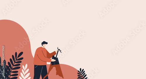 Man gardening or planting in a stylized natural setting with warm colors and ample copy space, representing growth, care, and a peaceful hobby.