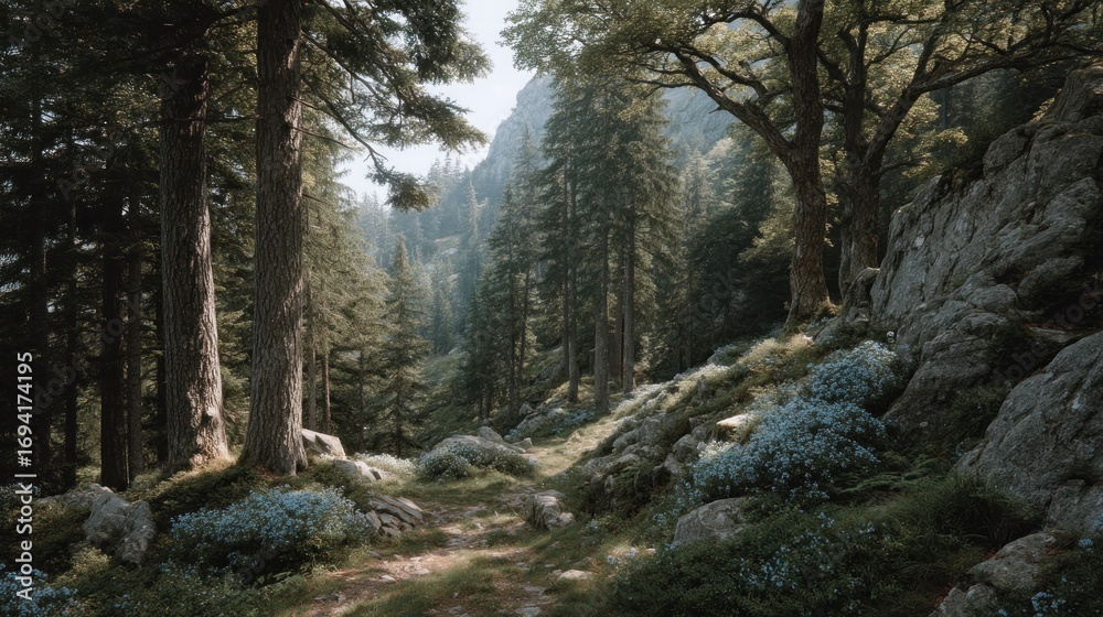 Obraz premium Scenic Forest Landscape with Lush Trees and Rocky Terrain During Daylight