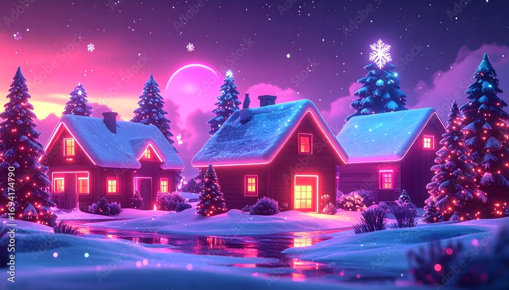 Fototapeta premium Winter village scene with snow-covered houses and Christmas trees at night.