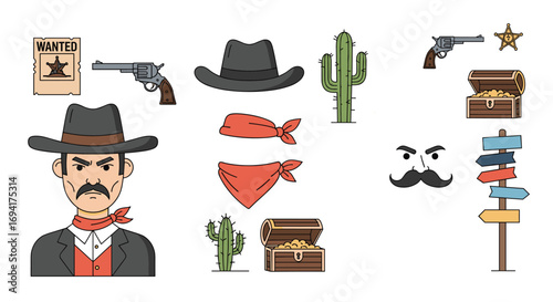 Iconic western outlaw cowboy bandit and treasure symbols for wild west adventure games