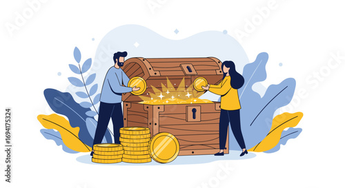 Two people excitedly discover a treasure chest filled with sparkling golden coins and accumulate wealth