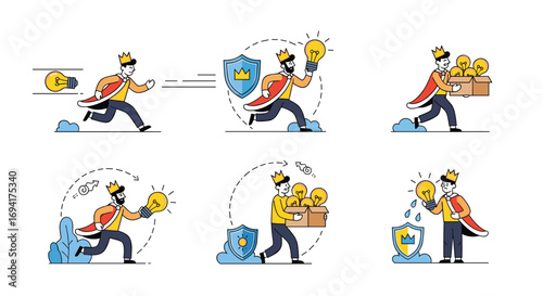 Creative king pursues ideas shields protects and delivers valuable innovations safely