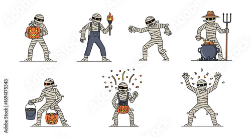 Collection of spooky halloween mummy characters engaged in festive autumn activities